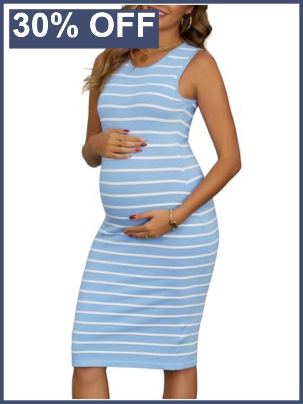 Striped Rib Knit Maternity Midi Dress Sleeveless Bodycon